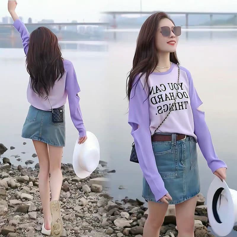 도파민 작은 키 알파벳 찢어진 부분 긴팔 맨위 여성 봄 여름 새로운 라운드 넥 디자인 센스 작은 대중 루즈핏 연령 감소 상세 이미지 7