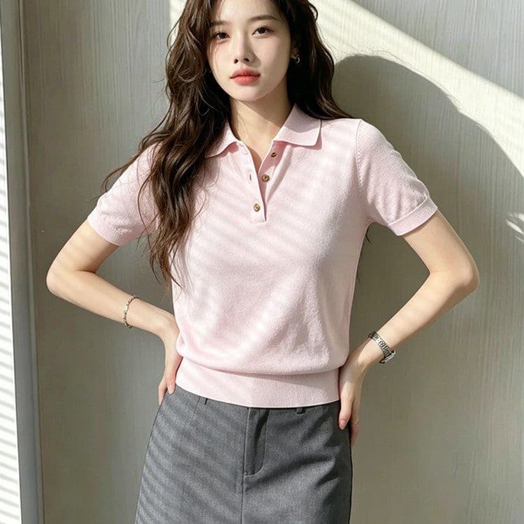 빛 요리 한 미니멀리즘 바람 폴로 칼라 반팔 니트 스웨터 여성 여름 슬림해 보이는 작은 대중 디자인 센스 패션 캐주얼 다용도 맨위 이미지 2