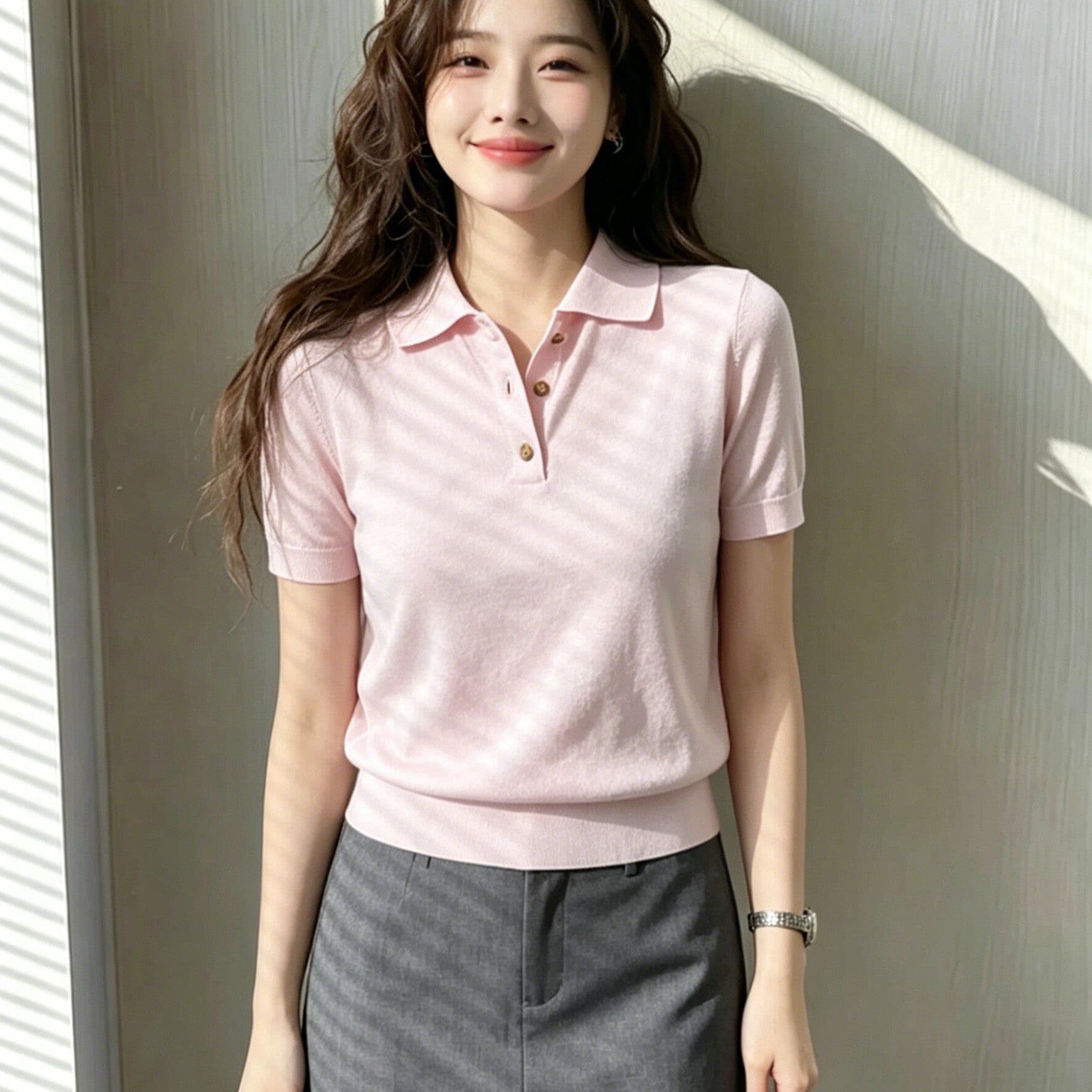 빛 요리 한 미니멀리즘 바람 폴로 칼라 반팔 니트 스웨터 여성 여름 슬림해 보이는 작은 대중 디자인 센스 패션 캐주얼 다용도 맨위 상세 이미지 3