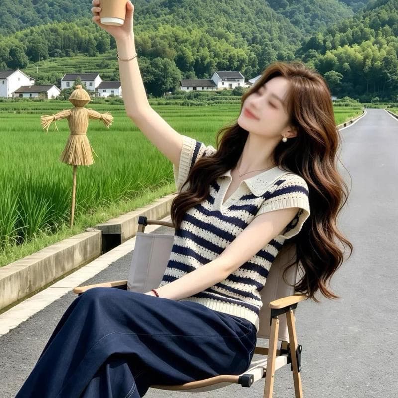레트로 고급 센스 스트라이프 POLO 칼라 니트 스웨터 조끼 여성 여름 한국 스타일 홀로우 아웃 몸매 가꾸기 슬림해 보이는 연령 감소 맨위 이미지 3