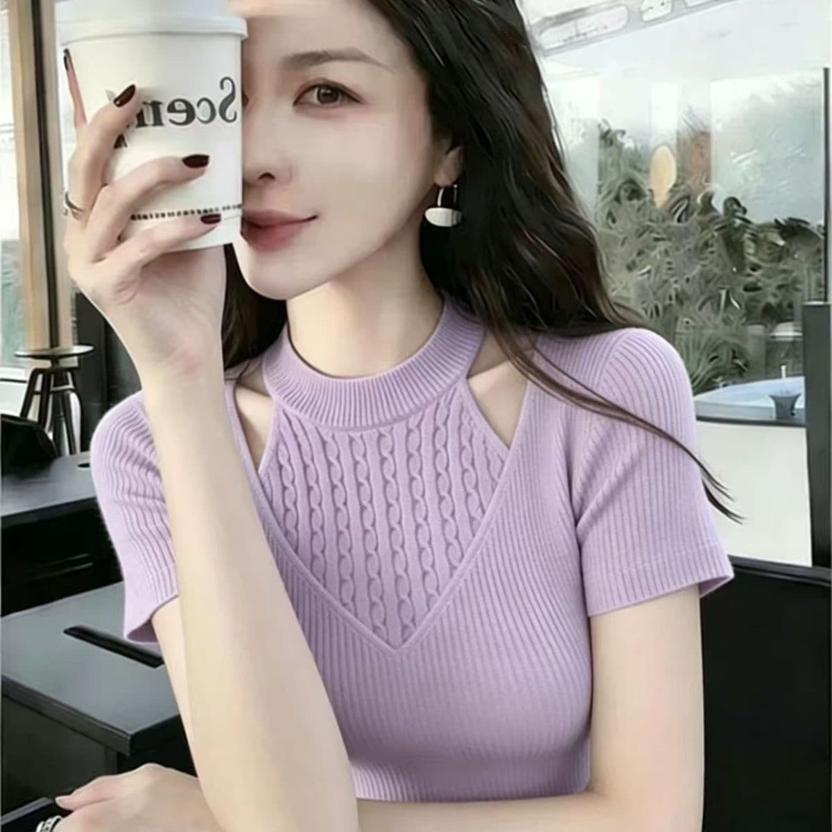 새로운 작은 대중 패션 슬림해 보이는 니트 스웨터 빛 요리 한 반팔 홀로우 아웃 디자인 여름 맨위 2026 센스 다용도 아내 상세 이미지 1