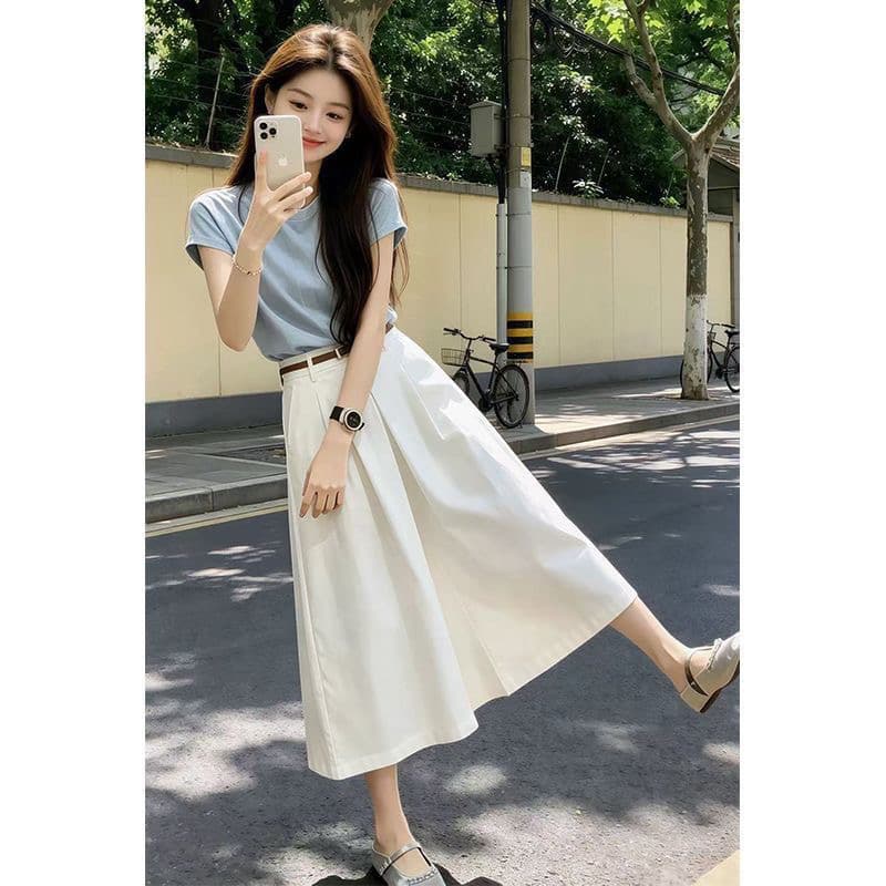 한 부서 전체 집합 ootd 작은 키 착용 가져 가라. 여성 2026 새로운 파란색 반팔 티셔츠 중간 길이 스커트 투피스 세트 이미지 3