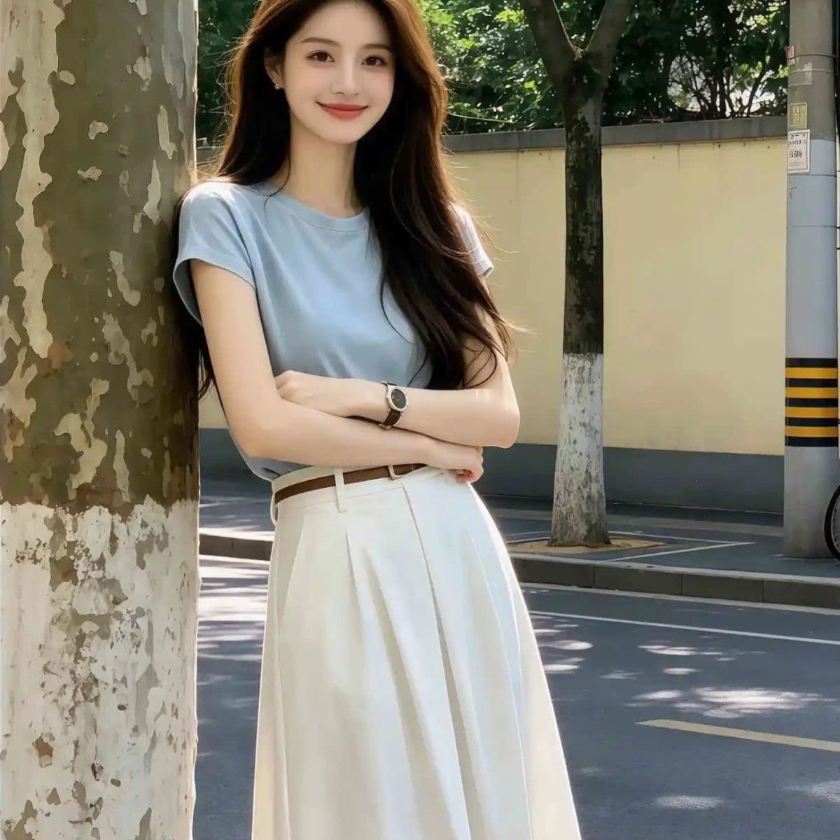 한 부서 전체 집합 ootd 작은 키 착용 가져 가라. 여성 2026 새로운 파란색 반팔 티셔츠 중간 길이 스커트 투피스 세트 상세 이미지 1