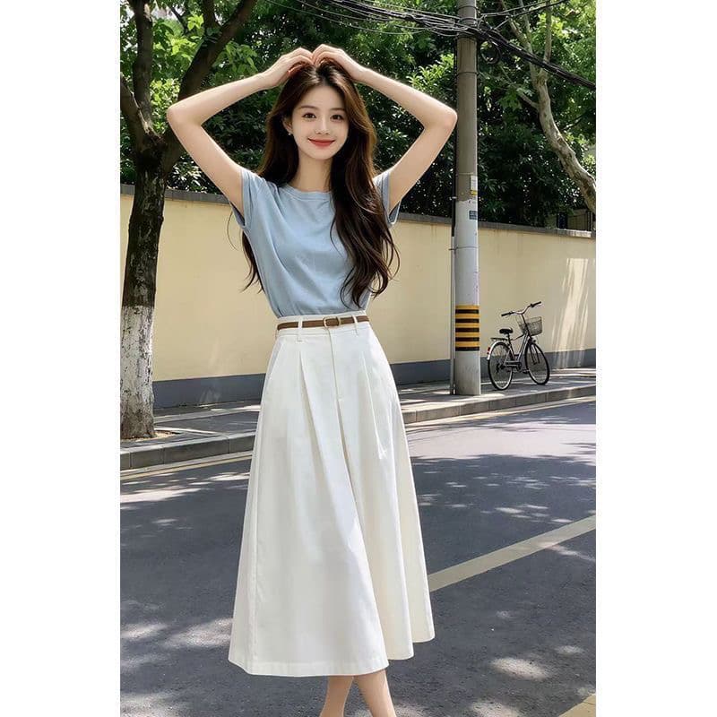 한 부서 전체 집합 ootd 작은 키 착용 가져 가라. 여성 2026 새로운 파란색 반팔 티셔츠 중간 길이 스커트 투피스 세트 상세 이미지 2