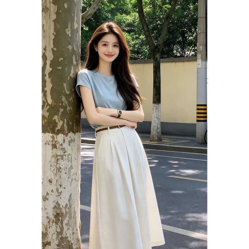 한 부서 전체 집합 ootd 작은 키 착용 가져 가라. 여성 2026 새로운 파란색 반팔 티셔츠 중간 길이 스커트 투피스 세트 상세 이미지 6