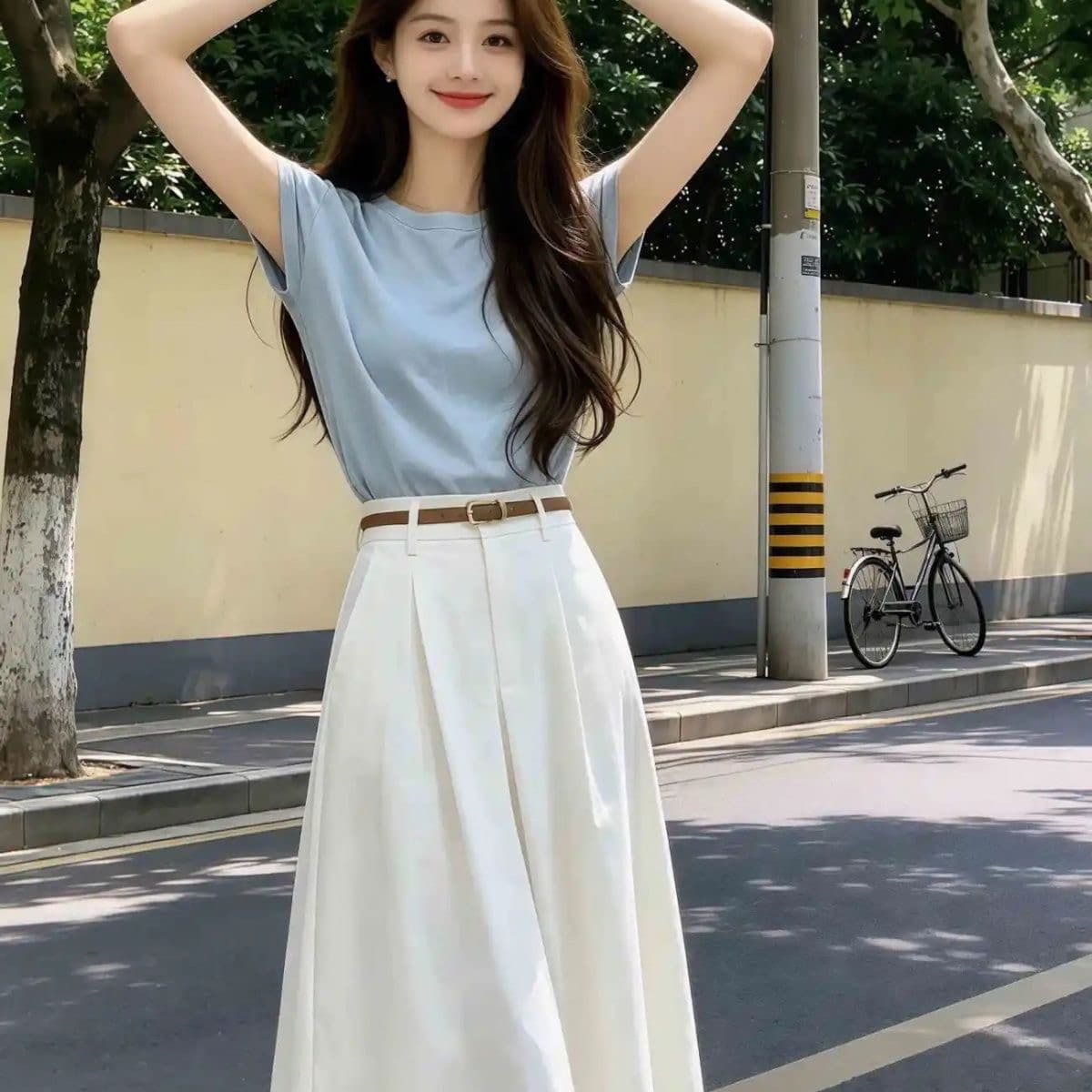 한 부서 전체 집합 ootd 작은 키 착용 가져 가라. 여성 2026 새로운 파란색 반팔 티셔츠 중간 길이 스커트 투피스 세트 상세 이미지 7