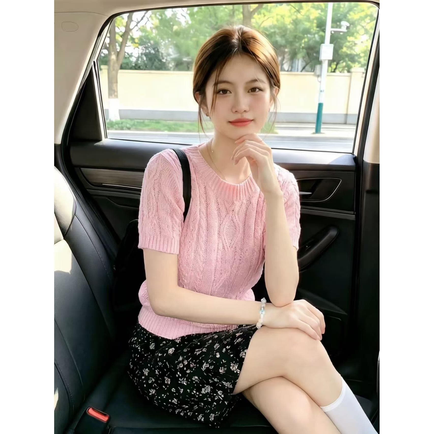 작은 청신 핑크색 꽈배기 니트 스웨터 여성 여름 폭발 홀로우 아웃 통기성 루즈핏 슬림해 보이는 풀오버 라운드 넥 반팔 맨위 이미지 4