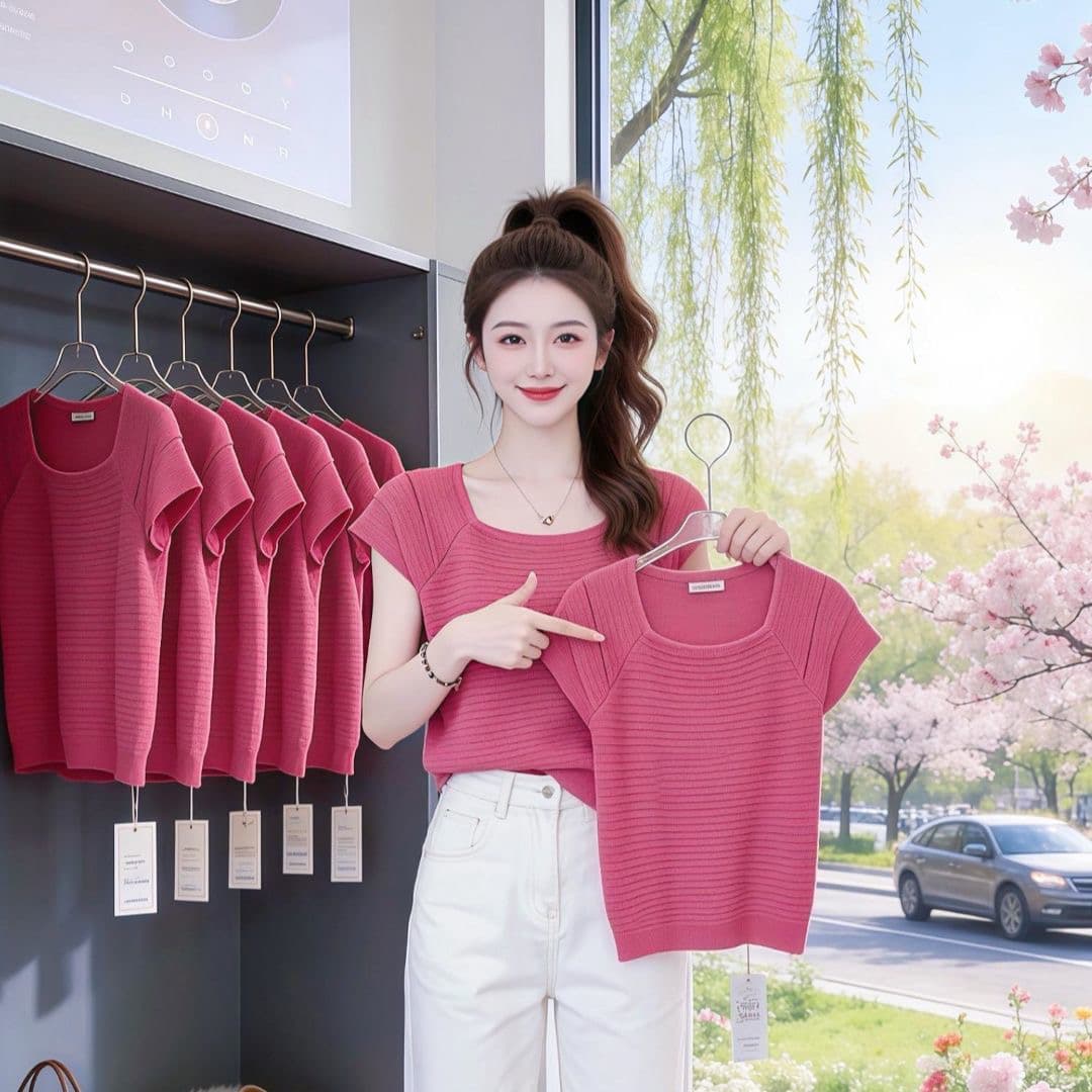 미니멀리즘 단색 Feifei 소매 품격 디자인 센스 여성 셔츠 2026 여름 연령 감소 슬림해 보이는 패치워크 반팔 니트 스웨터