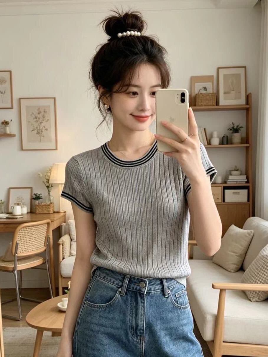 여름 출퇴근 몸매 가꾸기 라운드 넥 배색 스트라이프 반팔 니트 스웨터 여성 회색 디자인 센스 패션 미니멀리즘 맨위 여성