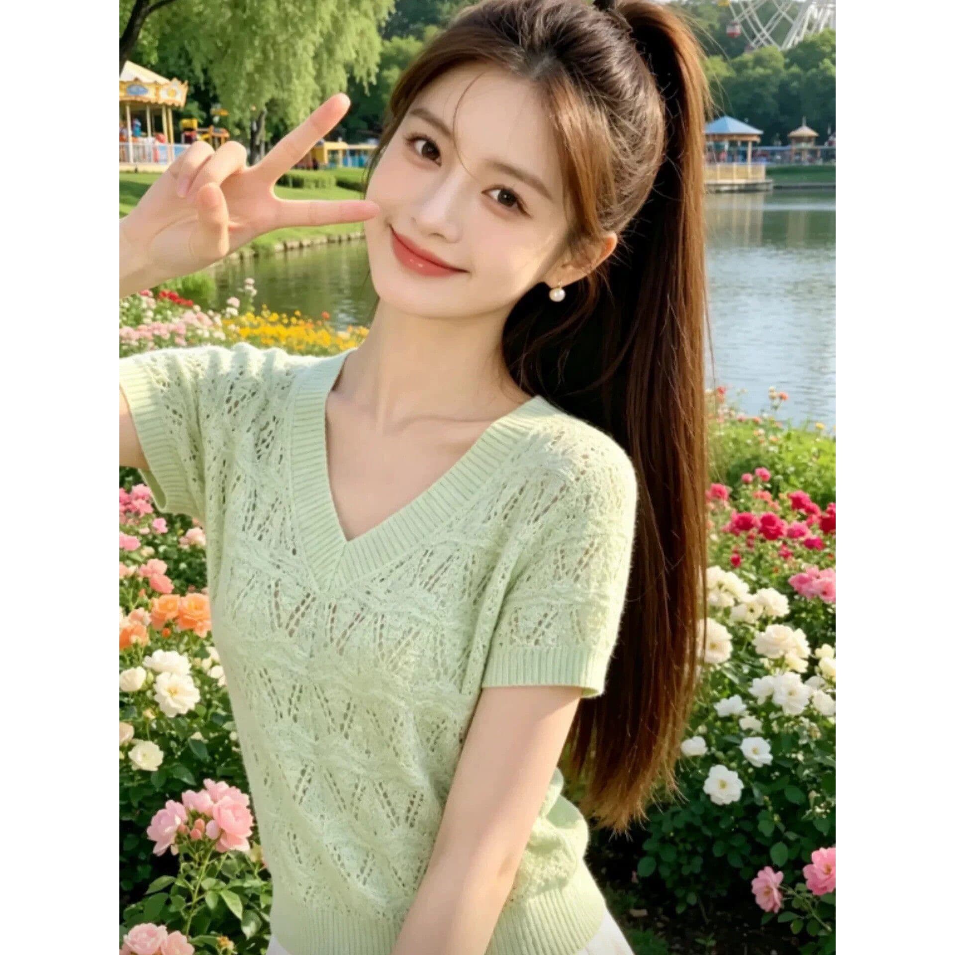 디자인 센스 녹색 홀로우 아웃 V넥 반팔 2026 여름 여성 새로운 외국 가스 연령 감소 다용도 잘 생긴 니트 맨위 이미지 5