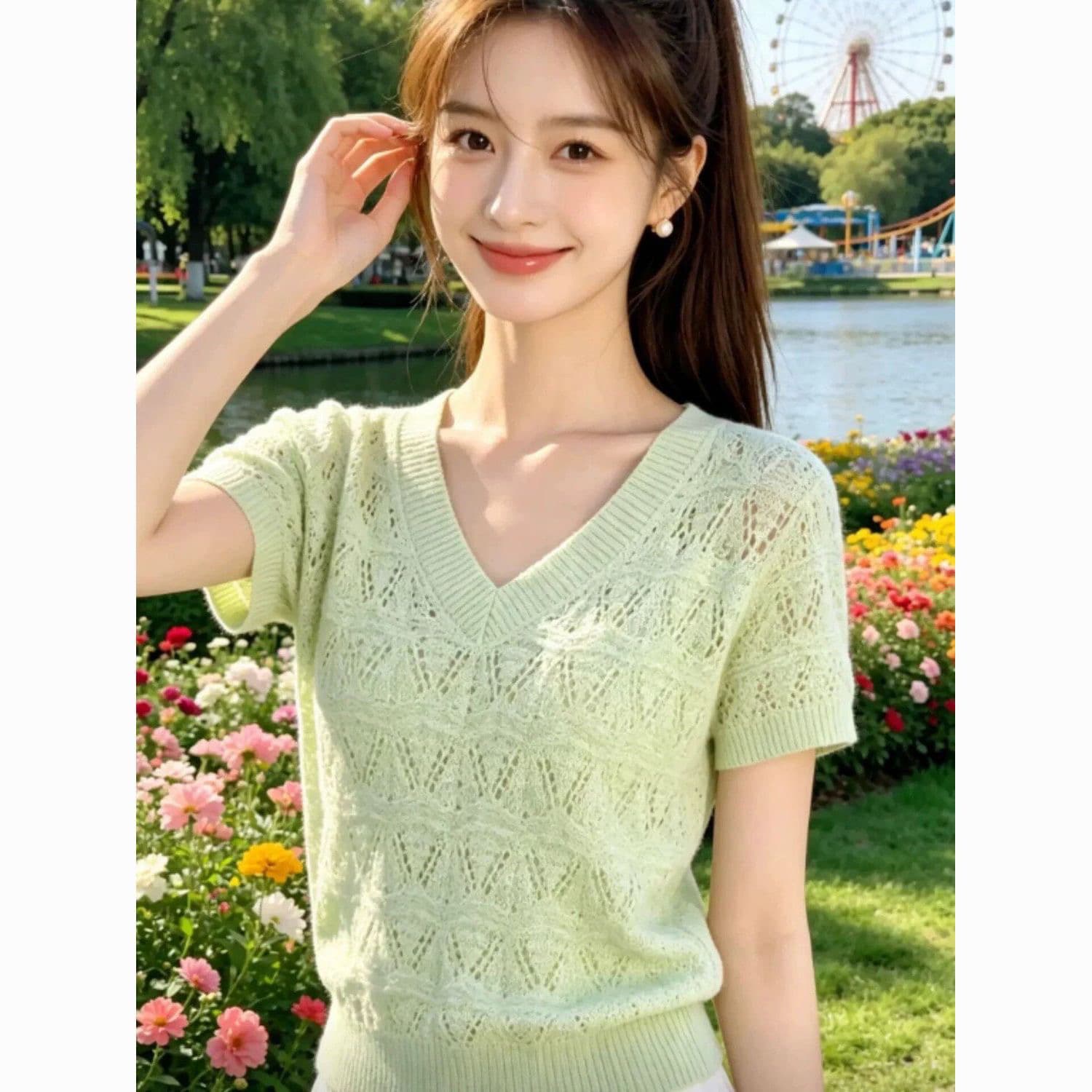 디자인 센스 녹색 홀로우 아웃 V넥 반팔 2026 여름 여성 새로운 외국 가스 연령 감소 다용도 잘 생긴 니트 맨위 상세 이미지 1