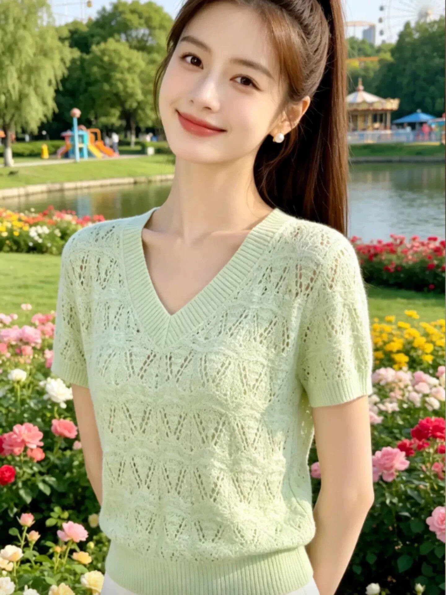 디자인 센스 녹색 홀로우 아웃 V넥 반팔 2026 여름 여성 새로운 외국 가스 연령 감소 다용도 잘 생긴 니트 맨위 상세 이미지 2