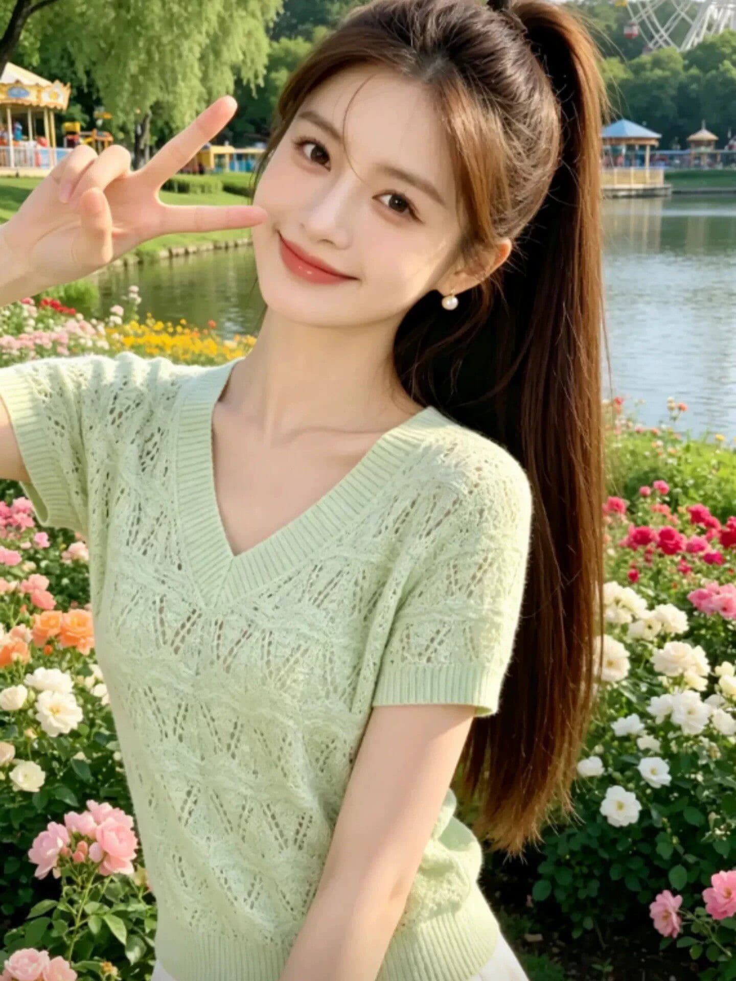 디자인 센스 녹색 홀로우 아웃 V넥 반팔 2026 여름 여성 새로운 외국 가스 연령 감소 다용도 잘 생긴 니트 맨위 상세 이미지 3