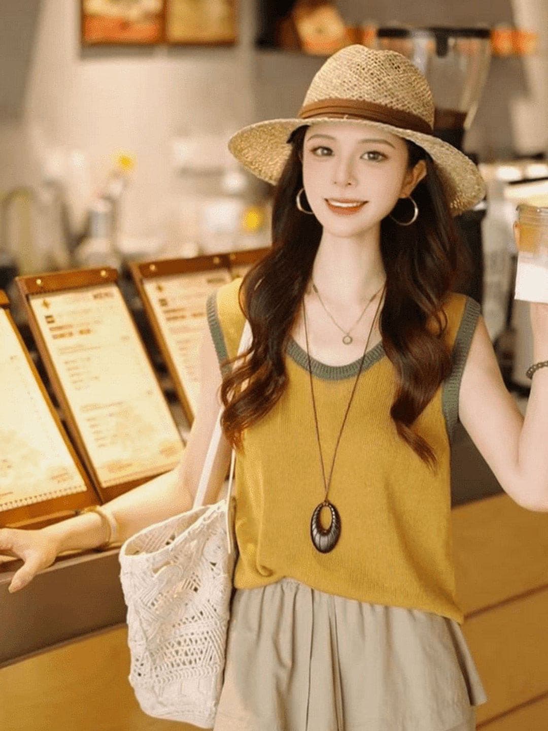한 부서 패치워크 배색 홀로우 아웃 니트 캐미솔 여름 외출용 디자인 센스 작은 대중 슬림해 보이는 민소매 맨위 얇은 상세 이미지 5