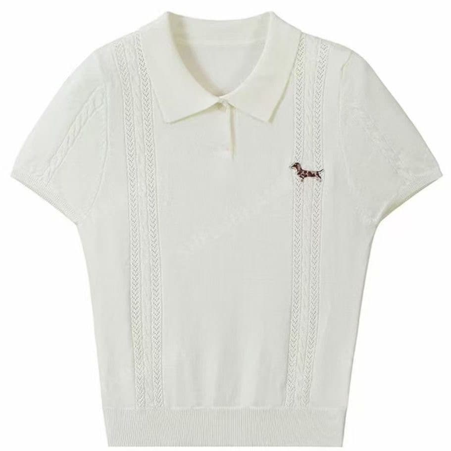 한 부서 홀로우 아웃 POLO 칼라 니트 반팔 강아지 자수 2026 여름 새로운 통기성 다용도 슬림해 보이는 여성 셔츠 상세 이미지 3
