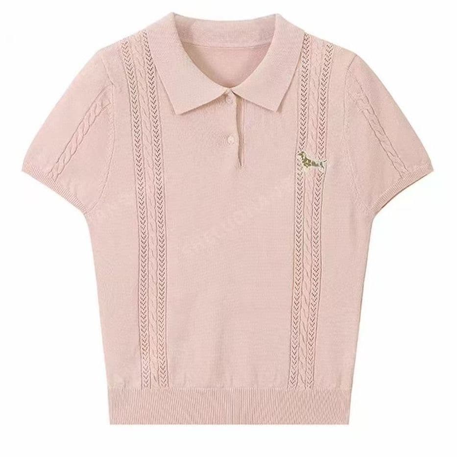 한 부서 홀로우 아웃 POLO 칼라 니트 반팔 강아지 자수 2026 여름 새로운 통기성 다용도 슬림해 보이는 여성 셔츠 상세 이미지 5