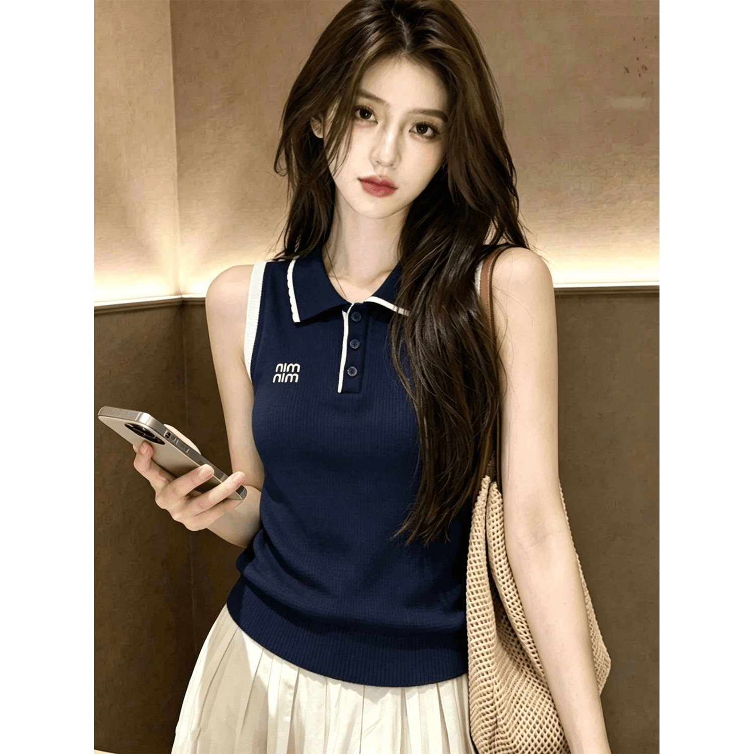 프랑스식 레트로 패치워크 색상 폴로 칼라 니트 캐미솔 여름 디자인 센스 작은 대중 품격 외출용 민소매 조끼 이미지 5