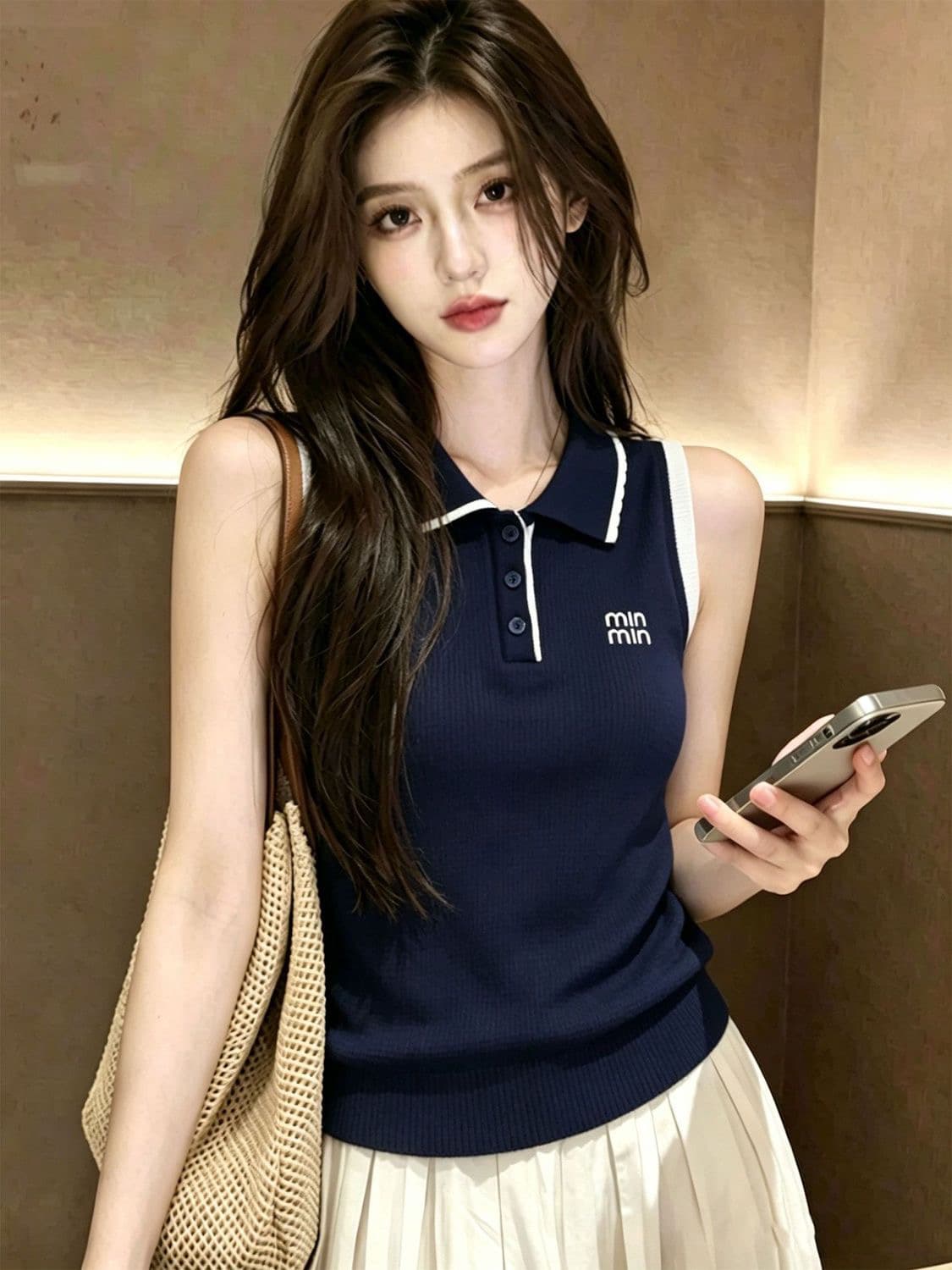 프랑스식 레트로 패치워크 색상 폴로 칼라 니트 캐미솔 여름 디자인 센스 작은 대중 품격 외출용 민소매 조끼 상세 이미지 2