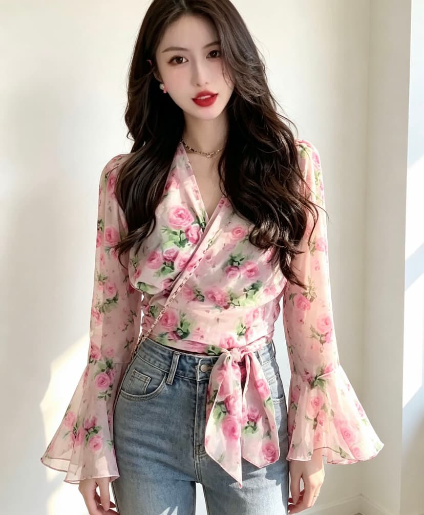 2023 여름 새로운 부드러운 바람 꽃무늬 레이스업 맨위 패션 트렌드 몸매 가꾸기 슬림해 보이는 쇼트 스타일 외부 가져 가라. 쉬폰 블라우스 이미지 2