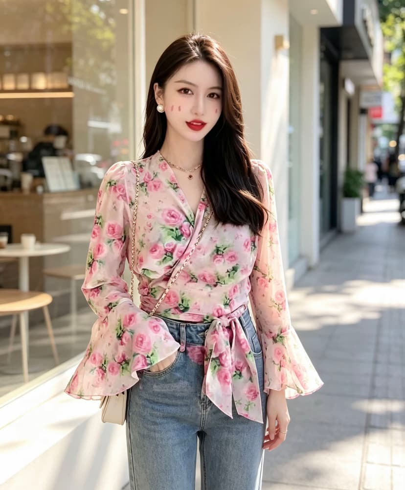 2023 여름 새로운 부드러운 바람 꽃무늬 레이스업 맨위 패션 트렌드 몸매 가꾸기 슬림해 보이는 쇼트 스타일 외부 가져 가라. 쉬폰 블라우스 상세 이미지 3