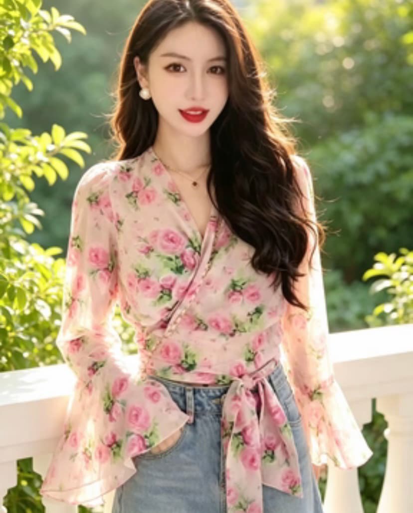 2023 여름 새로운 부드러운 바람 꽃무늬 레이스업 맨위 패션 트렌드 몸매 가꾸기 슬림해 보이는 쇼트 스타일 외부 가져 가라. 쉬폰 블라우스 이미지 3