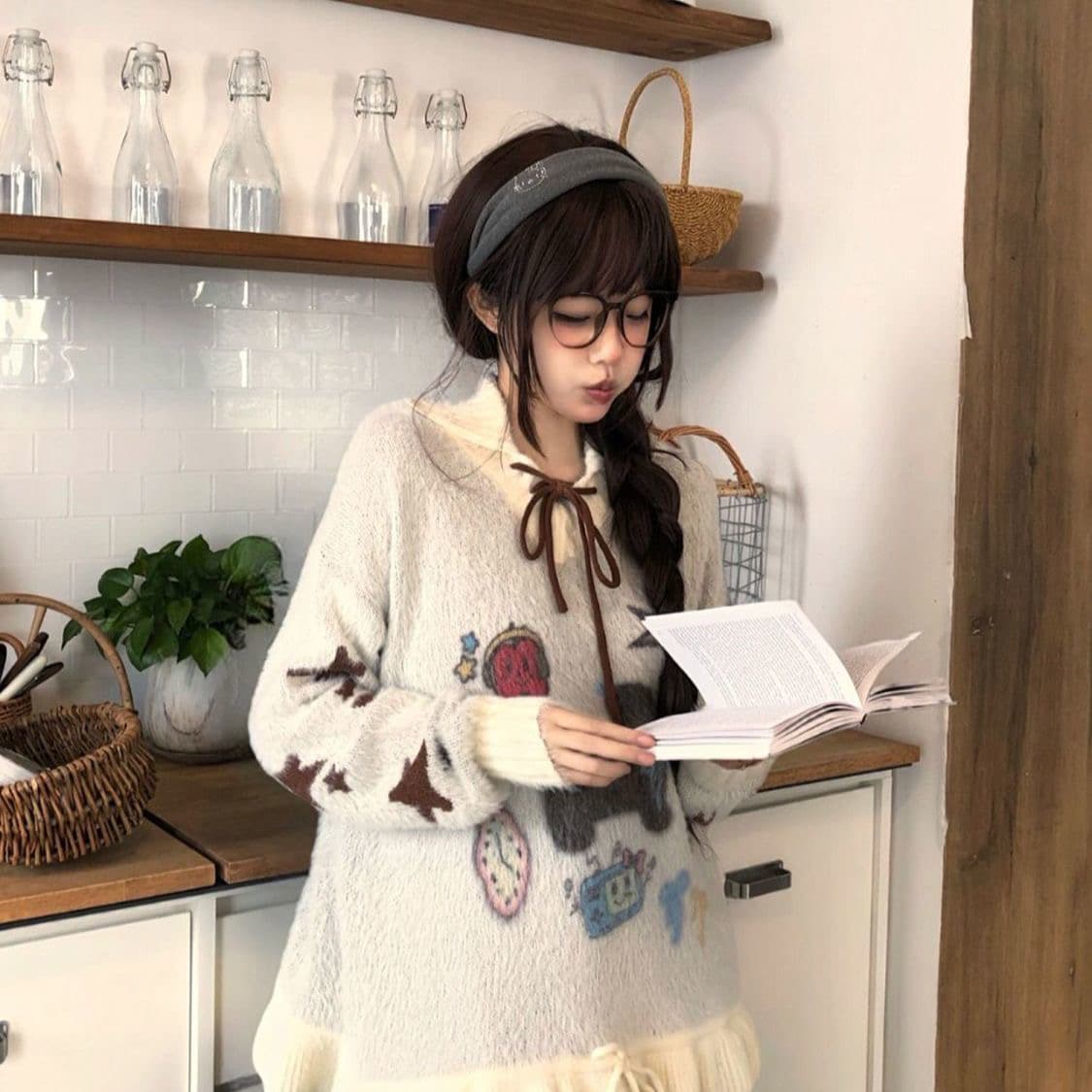 만화 강아지 새로운 가을 겨울 자카드 풀오버 스웨터 여자 연령 감소 느긋한 레이스업 루즈핏 POLO 칼라 니트 맨위 상세 이미지 5