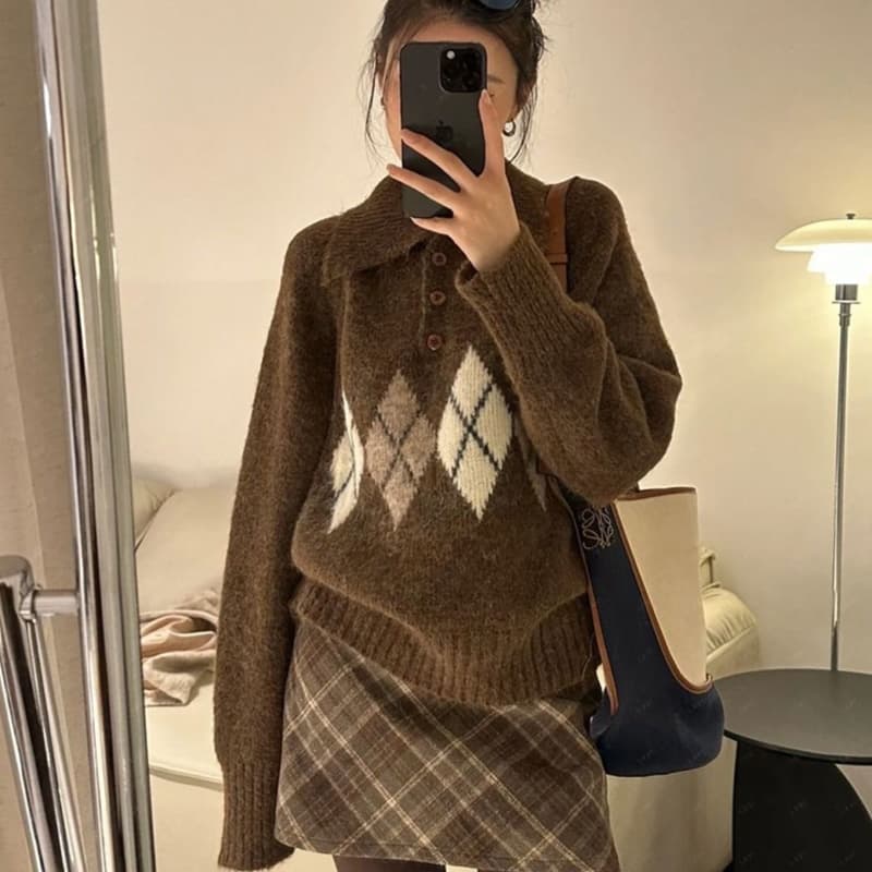 POLO 칼라 니트 스웨터 여자 가을 겨울 2026 새로운 빅 사이즈 지방 mm 슬림해 보이는 느긋한 바람 맨위 상세 이미지 3