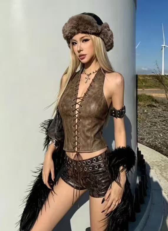 아메리칸 핫걸 레트로 마 오래된 가죽 재킷 행침 목 캐미솔 섹시함 디자인 스트랩 몸매 가꾸기 슬림해 보이는 짧은 맨위 상세 이미지 10