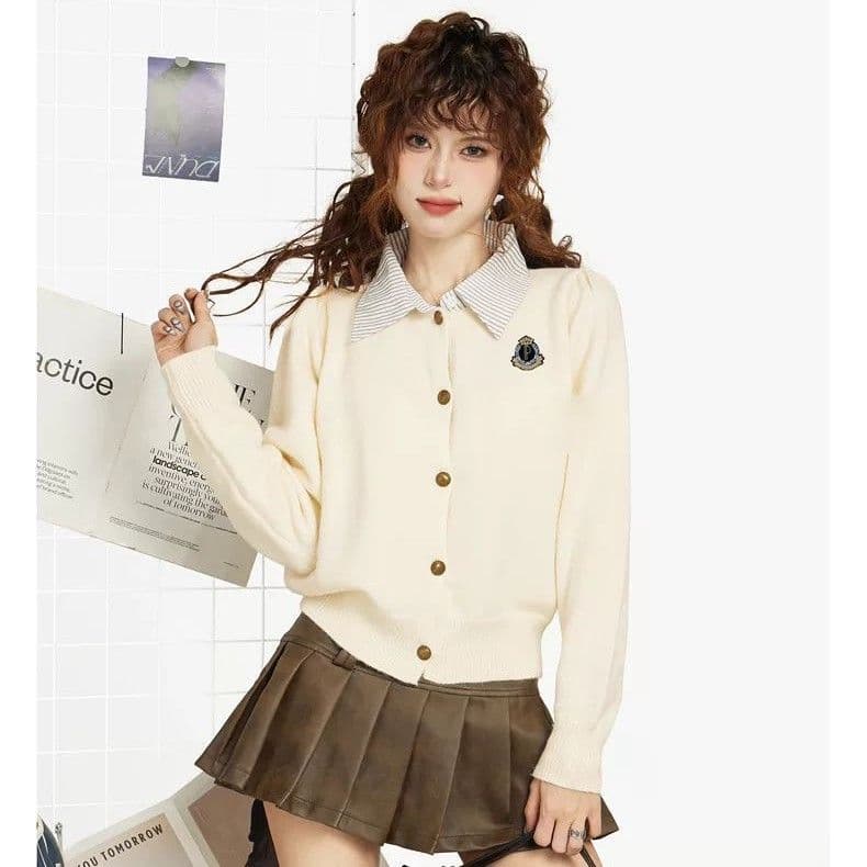 페이크 레이어드 학원 스타일 POLO 칼라 쇼트 스타일 스웨터 여성 코트 봄 가을 이른 가을 인사이드 가져 가라. 니트 오픈 가디건 맨위 가을 상세 이미지 5