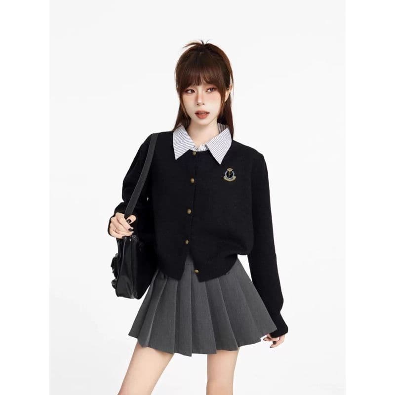 페이크 레이어드 학원 스타일 POLO 칼라 쇼트 스타일 스웨터 여성 코트 봄 가을 이른 가을 인사이드 가져 가라. 니트 오픈 가디건 맨위 가을 상세 이미지 8