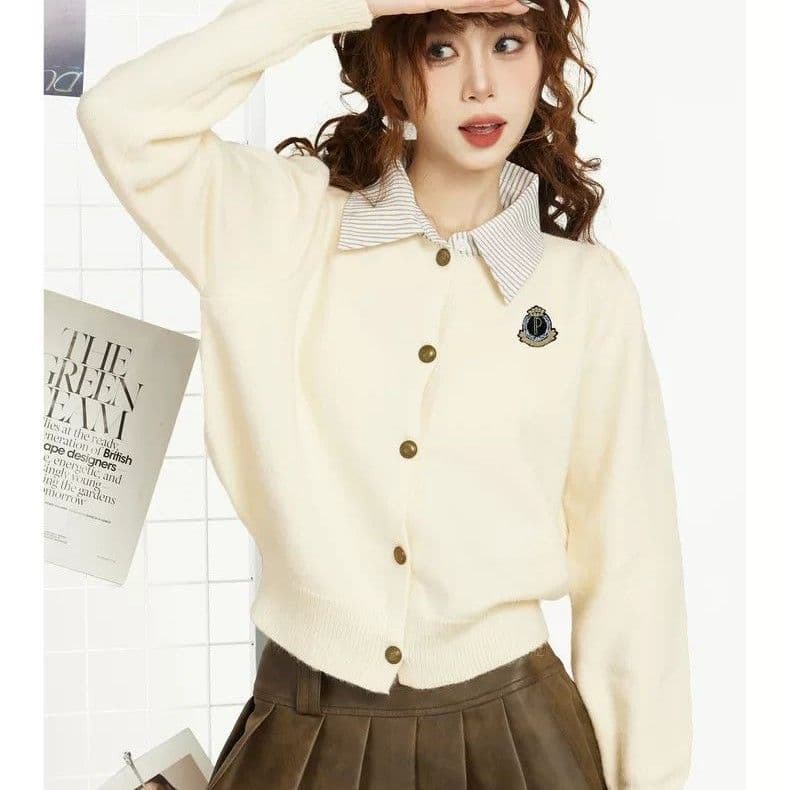 페이크 레이어드 학원 스타일 POLO 칼라 쇼트 스타일 스웨터 여성 코트 봄 가을 이른 가을 인사이드 가져 가라. 니트 오픈 가디건 맨위 가을 상세 이미지 12