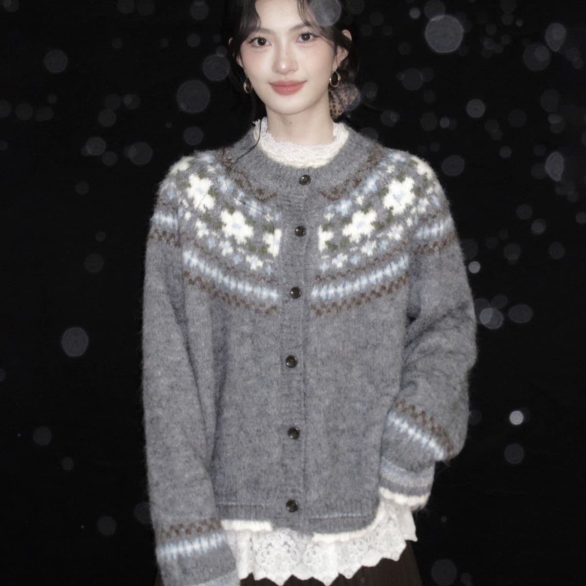 회색 공정한 섬 라운드 넥 긴팔 니트 오픈 가디건 여성 가을 겨울 유럽 상품 두꺼운 신년 착용 가져 가라. 스웨터 코트 맨위 이미지 2