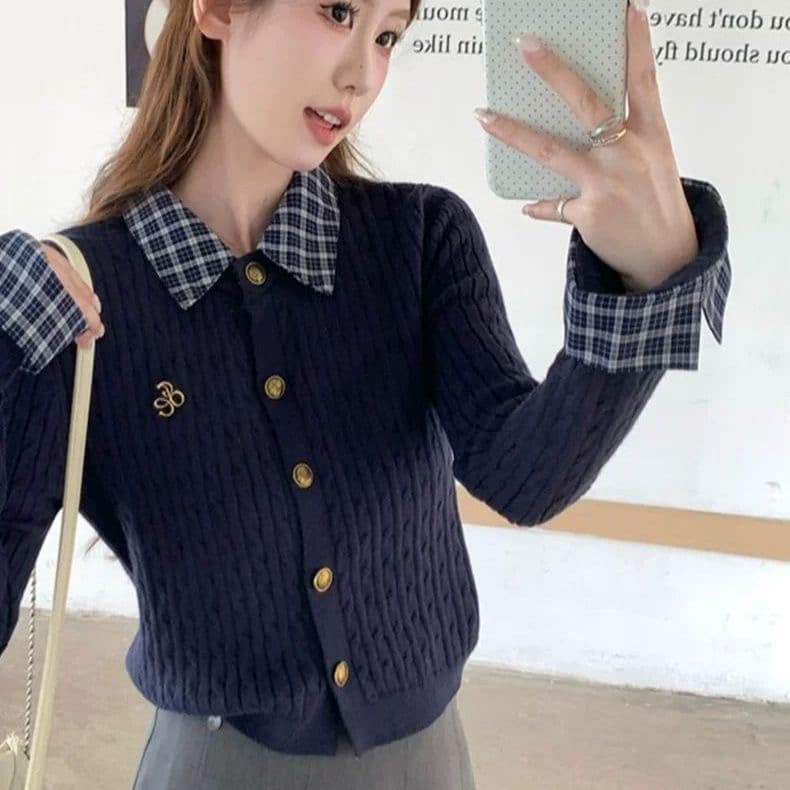 학원 스타일 체크무늬 패치워크 폴로 칼라 만나는 봄 가을 꽈배기 스웨터 긴팔 니트 새로운 오픈 가디건 맨위 상세 이미지 10