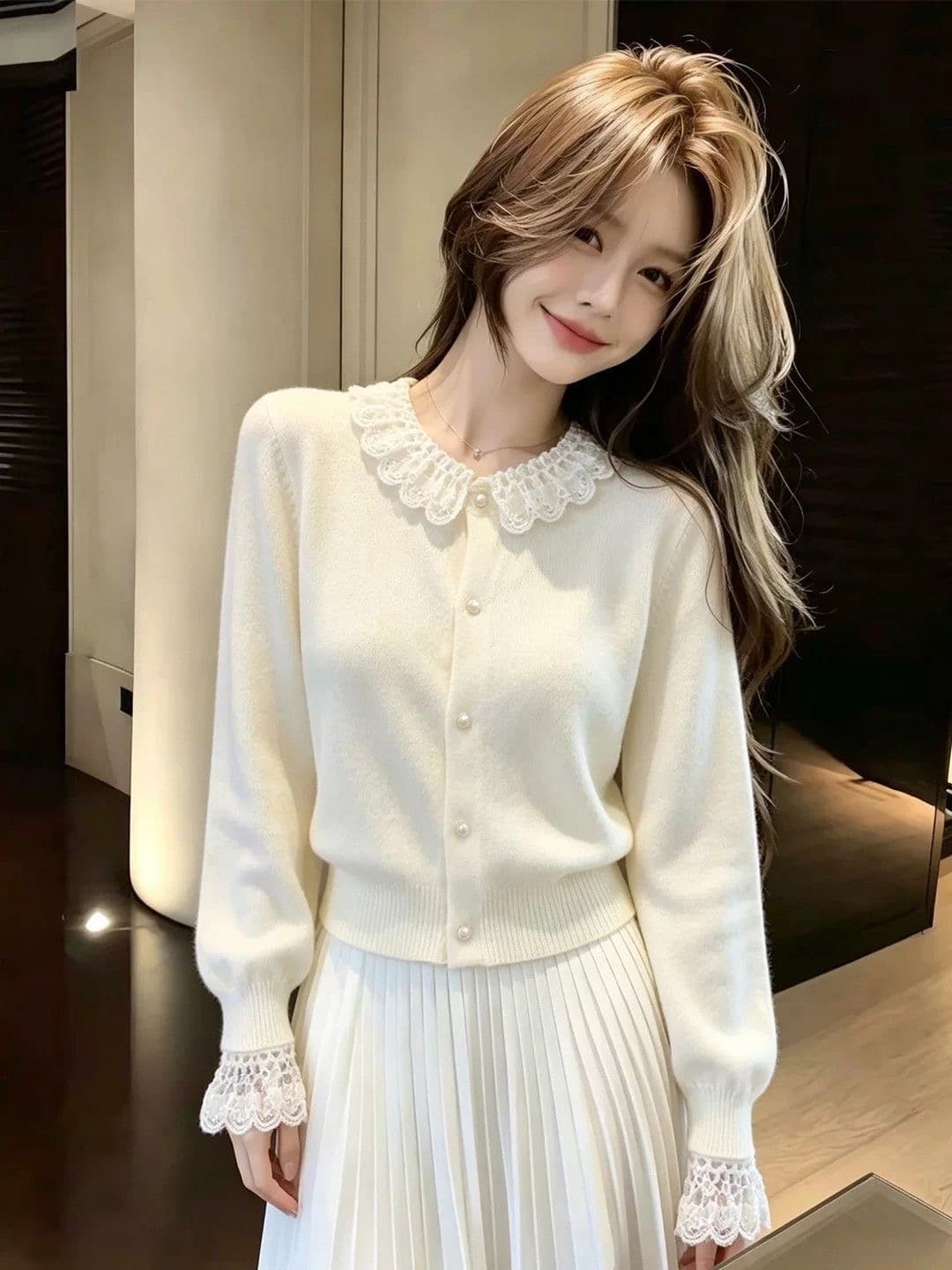가을 겨울 한 부서 부드러운 레이스 레이스 니트 오픈 가디건 여성 작은 키 외국 가스 부드러운 찹쌀 루즈핏 스웨터 인사이드 잡아라. 의류 상세 이미지 3