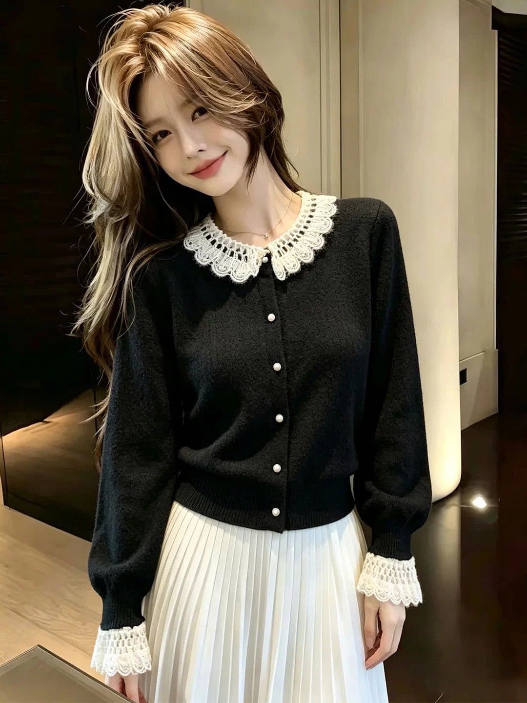 가을 겨울 한 부서 부드러운 레이스 레이스 니트 오픈 가디건 여성 작은 키 외국 가스 부드러운 찹쌀 루즈핏 스웨터 인사이드 잡아라. 의류 상세 이미지 6