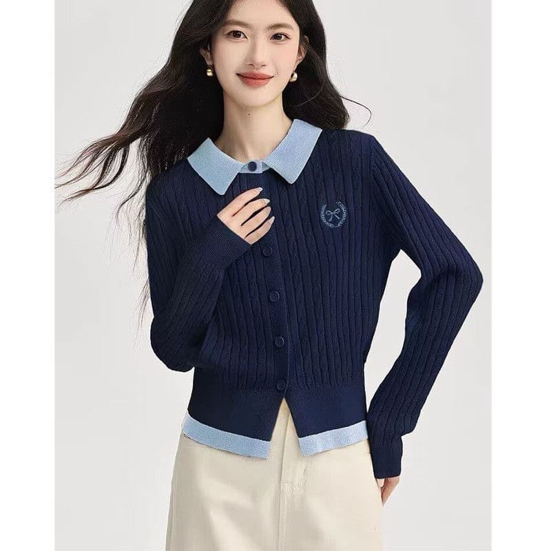 연령 감소 한 부서 바람 페이크 레이어드 배색 절묘한 polo 니트 출퇴근 2026 오픈 가디건 봄 가을 새로운 니트 맨위 상세 이미지 5