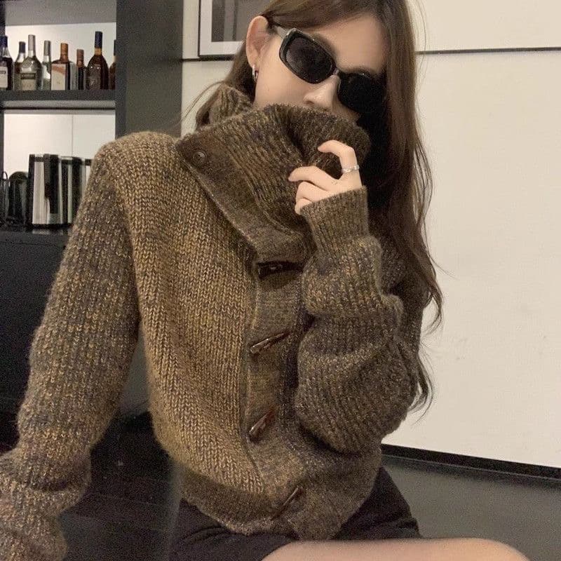 한 부서 소뿔 버클 스웨터 여성 코트 가을 겨울 달콤함 루즈핏 느긋한 바람 니트 오픈 가디건 맨위 이미지 3