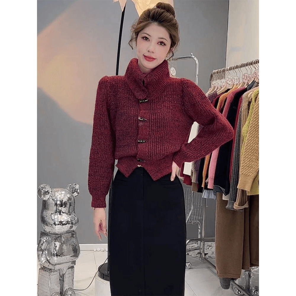 한 부서 소뿔 버클 스웨터 여성 코트 가을 겨울 달콤함 루즈핏 느긋한 바람 니트 오픈 가디건 맨위 이미지 5