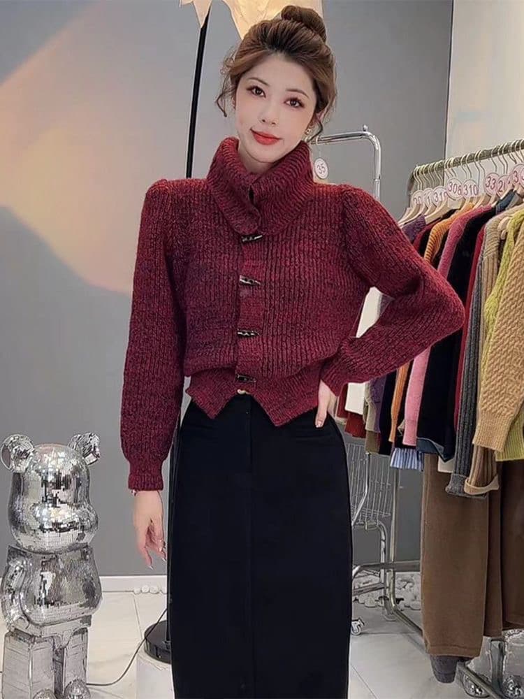 한 부서 소뿔 버클 스웨터 여성 코트 가을 겨울 달콤함 루즈핏 느긋한 바람 니트 오픈 가디건 맨위 상세 이미지 2