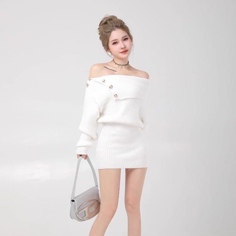 스웨터 고급 센스 디자인 한 단어 니트 드레스 새로운 가을 겨울 프랑스식 품격 긴팔 치마 미니 스커트 상세 이미지 6