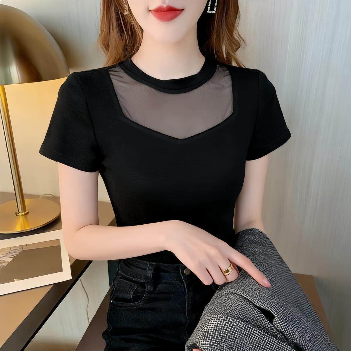 망사 패치워크 반팔 티셔츠 여성 여름 패션 한국 스타일 순수한 욕망 바람 핫걸 작은 대중 검정색 몸매 가꾸기 빅 사이즈 맨위 상세 이미지 2