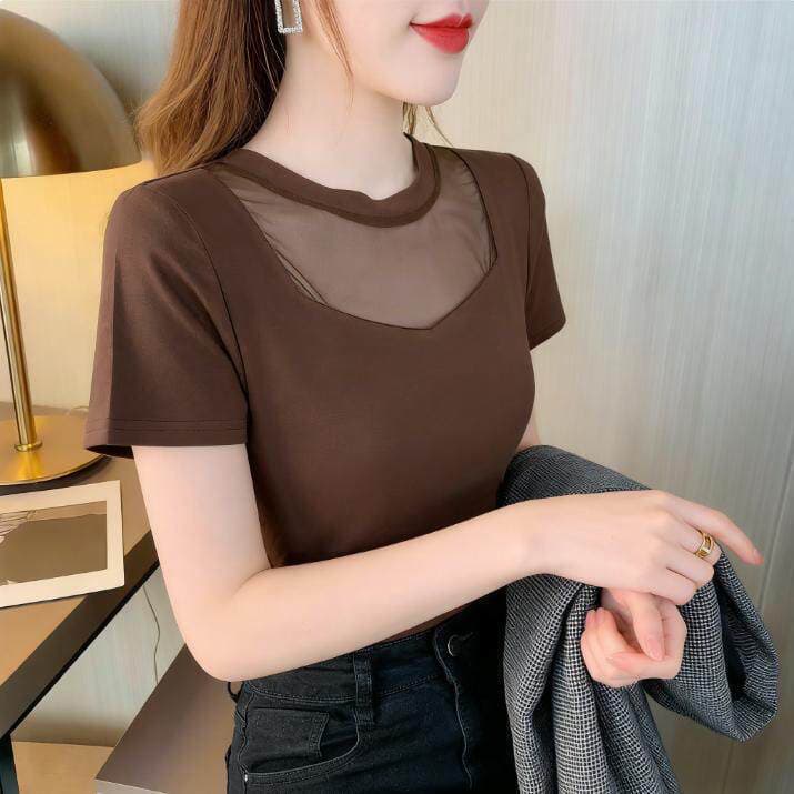 망사 패치워크 반팔 티셔츠 여성 여름 패션 한국 스타일 순수한 욕망 바람 핫걸 작은 대중 검정색 몸매 가꾸기 빅 사이즈 맨위 상세 이미지 5