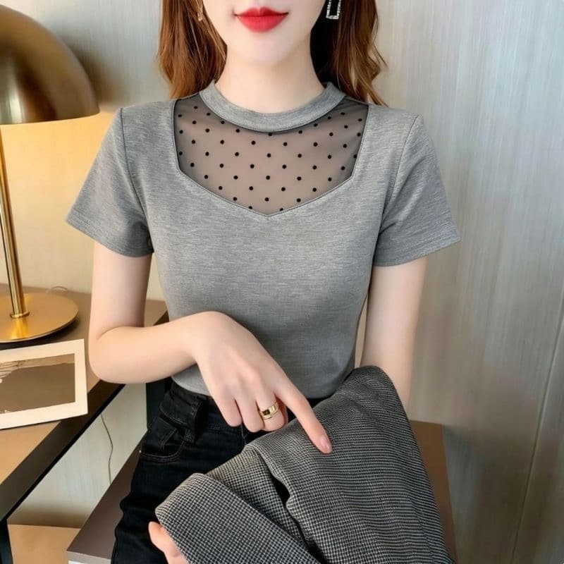 몸매 가꾸기 슬림해 보이는 다용도 라운드 넥 반팔 티셔츠 여성 여름 한 부서 chic 디자인 센스 패치워크 도트 무늬 망사 맨위 상세 이미지 4