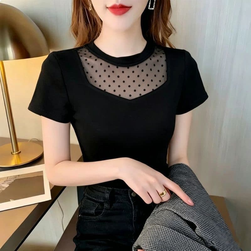 몸매 가꾸기 슬림해 보이는 다용도 라운드 넥 반팔 티셔츠 여성 여름 한 부서 chic 디자인 센스 패치워크 도트 무늬 망사 맨위 상세 이미지 7