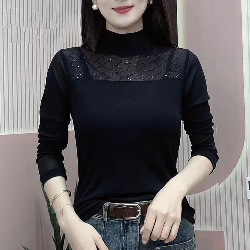 몸매 가꾸기 슬림해 보이는 다용도 라운드 넥 반팔 티셔츠 여성 여름 한 부서 chic 디자인 센스 패치워크 도트 무늬 망사 맨위 이미지 4