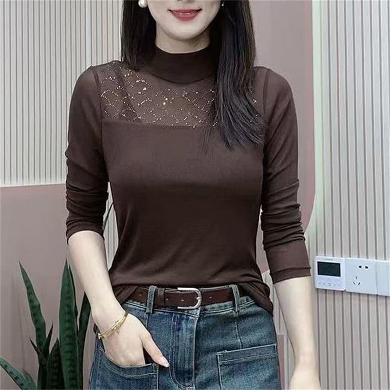 몸매 가꾸기 슬림해 보이는 다용도 라운드 넥 반팔 티셔츠 여성 여름 한 부서 chic 디자인 센스 패치워크 도트 무늬 망사 맨위 상세 이미지 3