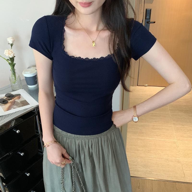 여름 새로운 여성 의류 몸매 가꾸기 스퀘어 입 칼라 달콤한 매운맛 맨위 한 부서 순수한 욕망 바람 미니멀리즘 레이스 레이스 반팔 티셔츠