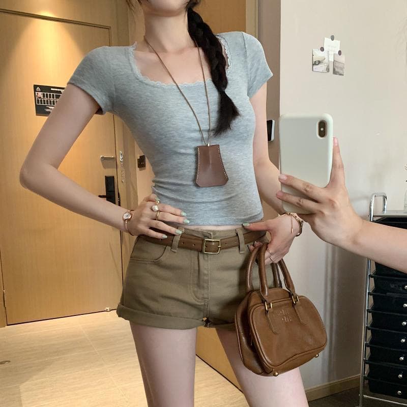 여름 새로운 여성 의류 몸매 가꾸기 스퀘어 입 칼라 달콤한 매운맛 맨위 한 부서 순수한 욕망 바람 미니멀리즘 레이스 레이스 반팔 티셔츠 상세 이미지 3