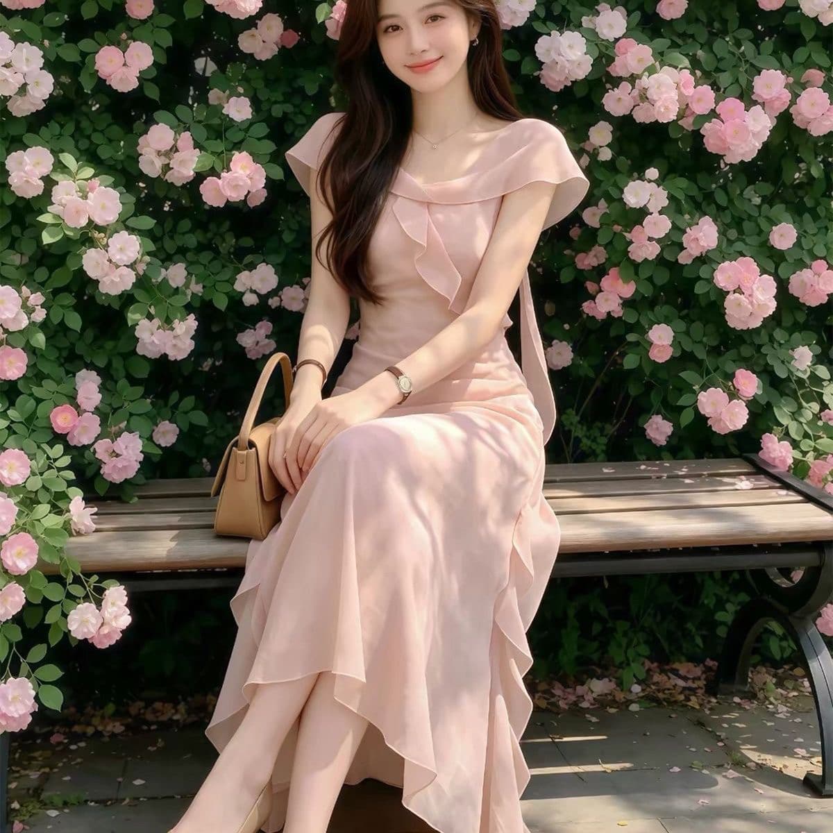 부드러운 달콤한 자매 핑크색 레이스 드레스 롱 스커트 있음 안감 뒤에 지퍼 이미지 2