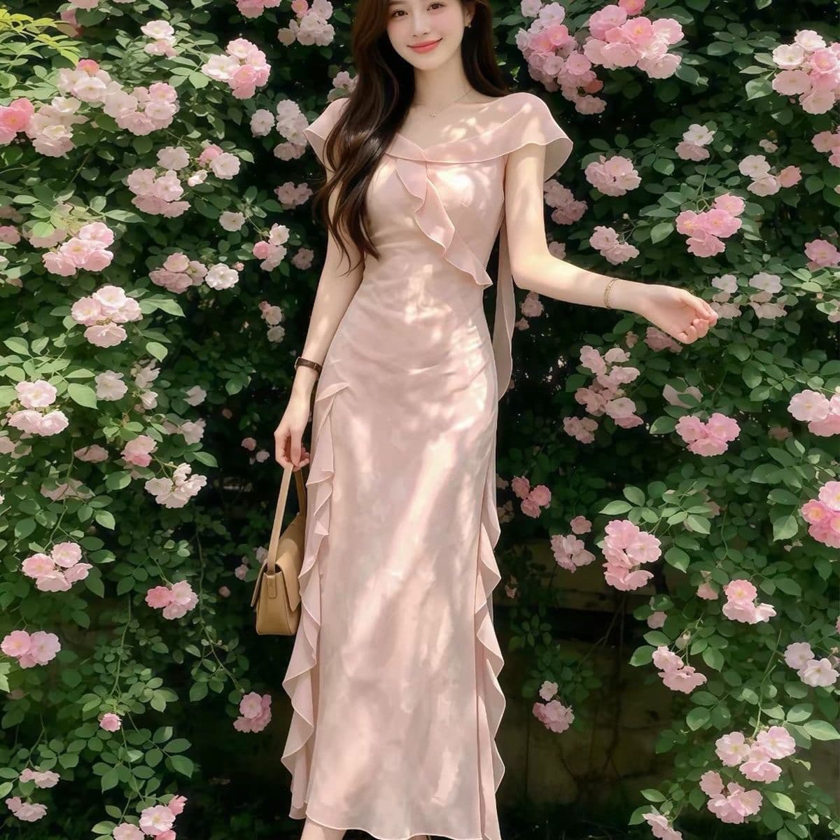 부드러운 달콤한 자매 핑크색 레이스 드레스 롱 스커트 있음 안감 뒤에 지퍼 상세 이미지 1